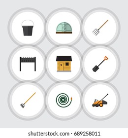 Flat Icon Garden Set Of Spade, Barbecue, Hosepipe And Other Vector Objects. Also Includes Shovel, Bbq, Greenhouse Elements.