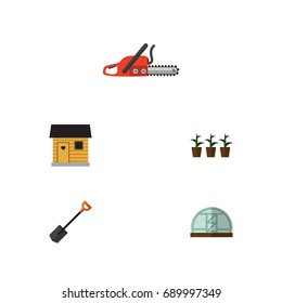 Flat Icon Garden Set Of Spade, Flowerpot, Stabling And Other Vector Objects. Also Includes Stabling, Spade, Shovel Elements.