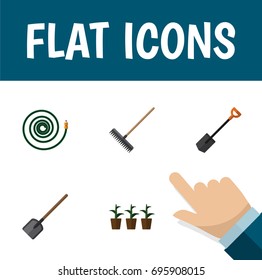 Flat Icon Garden Set Of Spade, Shovel, Flowerpot And Other Vector Objects. Also Includes Hose, Spade, Botany Elements.