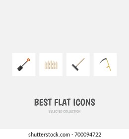 Flat Icon Garden Set Of Spade, Harrow, Cutter And Other Vector Objects. Also Includes Cutter, Wooden, Harrow Elements.
