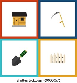 Flat Icon Garden Set Of Stabling, Cutter, Wooden Barrier And Other Vector Objects. Also Includes Barn, Scythe, Cutter Elements.