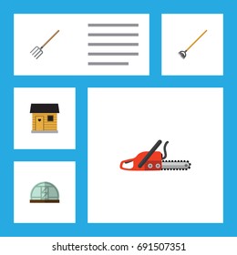 Flat Icon Garden Set Of Stabling, Hay Fork, Hothouse And Other Vector Objects. Also Includes Fork, Farmhouse, Hoe Elements.