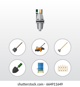 Flat Icon Garden Set Of Tool, Pump, Wooden Barrier And Other Vector Objects. Also Includes Mower, Spatula, Spade Elements.