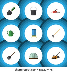 Flat Icon Garden Set Of Tool, Lawn Mower, Shovel And Other Vector Objects. Also Includes Hothouse, Spade, Blade Elements.