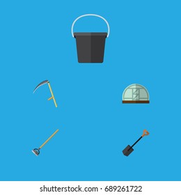 Flat Icon Garden Set Of Tool, Hothouse, Pail And Other Vector Objects. Also Includes Greenhouse, Cutter, Hothouse Elements.