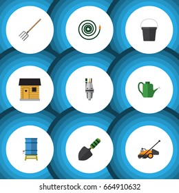 Flat Icon Garden Set Of Trowel, Hosepipe, Hay Fork And Other Vector Objects. Also Includes Can Bailer, Bucket, Equipment Elements.