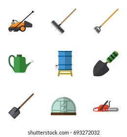 Flat Icon Garden Set Of Trowel, Lawn Mower, Harrow And Other Vector Objects. Also Includes Lawn, Can Bailer, Tank Elements.