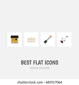 Flat Icon Garden Set Of Wooden Barrier, Grass-Cutter, Spade And Other Vector Objects. Also Includes Farmhouse, Wooden, Spade Elements.