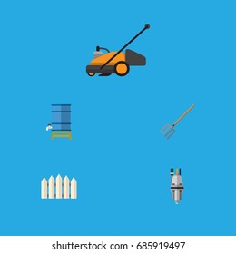 Flat Icon Garden Set Of Wooden Barrier, Lawn Mower, Hay Fork And Other Vector Objects. Also Includes Equipment, Tool, Container Elements.