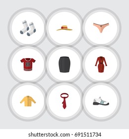 Flat Icon Garment Set Of Banyan, Foot Textile, T-Shirt And Other Vector Objects. Also Includes Lingerie, Woman, Banyan Elements.