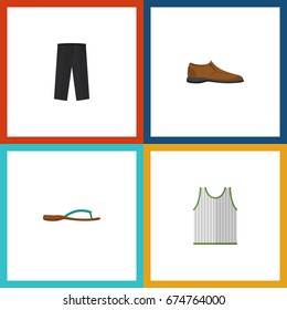 Flat Icon Garment Set Of Beach Sandal, Singlet, Pants Vector Objects. Also Includes Sandal, Trousers, Sleeveless Elements.