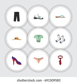 Flat Icon Garment Set Of Beach Sandal, Cravat, Sneakers Vector Objects. Also Includes Leggings, Sneakers, Flip Elements.