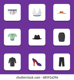 Flat Icon Garment Set Of Casual, Brasserie, Pants And Other Vector Objects. Also Includes Headgear, Shirt, Heeled Elements.