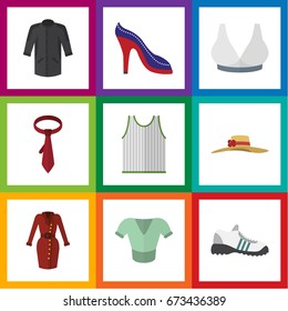 Flat Icon Garment Set Of Cravat, Singlet, Elegant Headgear And Other Vector Objects. Also Includes Blouse, Gumshoes, Hat Elements.