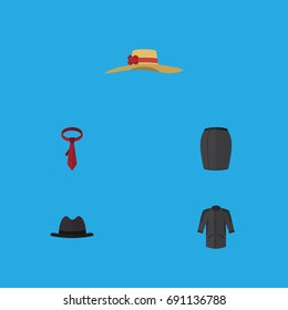 Flat Icon Garment Set Of Cravat, Panama, Uniform And Other Vector Objects. Also Includes Apparel, Skirt, Uniform Elements.