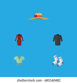Flat Icon Garment Set Of Foot Textile, Casual, Uniform And Other Vector Objects. Also Includes Kimono, Socks, Headgear Elements.