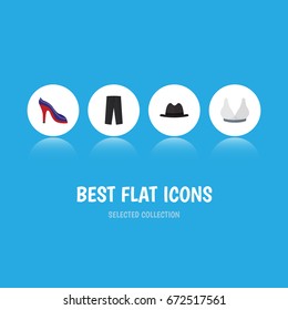 Flat Icon Garment Set Of Heeled Shoe, Pants, Panama hat And Other Vector Objects. Also Includes Bra, Breast, Sport Elements.