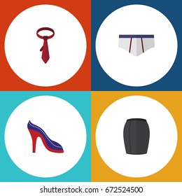 Flat Icon Garment Set Of Heeled Shoe, Stylish Apparel, Cravat And Other Vector Objects. Also Includes Apparel, Sandal, Underclothes Elements.