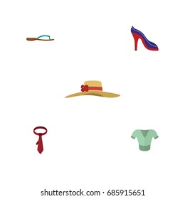 Flat Icon Garment Set Of Heeled Shoe, Beach Sandal, Casual Vector Objects. Also Includes Headgear, Sandal, Hat Elements.