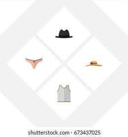 Flat Icon Garment Set Of Panama, Lingerie, Elegant Headgear And Other Vector Objects. Also Includes Sleeveless, Fedora, Lingerie Elements.
