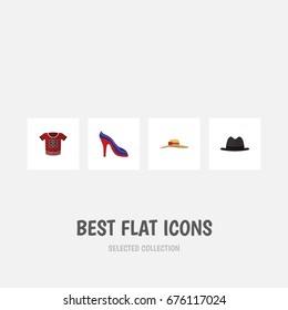 Flat Icon Garment Set Of Panama, Heeled Shoe, Elegant Headgear And Other Vector Objects. Also Includes Blouse, Shirt, Hat Elements.