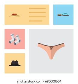 Flat Icon Garment Set Of Panama, Foot Textile, Elegant Headgear And Other Vector Objects. Also Includes Panama, Panties, Socks Elements.