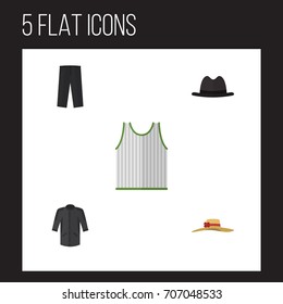 Flat Icon Garment Set Of Panama, Elegant Headgear, Singlet And Other Vector Objects. Also Includes Tank, Leggings, Clothes Elements.