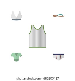 Flat Icon Garment Set Of Singlet, Beach Sandal, Brasserie Vector Objects. Also Includes Singlet, Sleeveless, Clothes Elements.