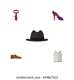 Flat Icon Garment Set Of Singlet, Cravat, Male Footware And Other Vector Objects. Also Includes Panama, Man, Heeled Elements.