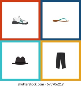 Flat Icon Garment Set Of Sneakers, Pants, Panama And Other Vector Objects. Also Includes Shoes, Panama, Leggings Elements.