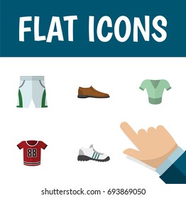 Flat Icon Garment Set Of Sneakers, Trunks Cloth, T-Shirt And Other Vector Objects. Also Includes Blouse, Shorts, Shoe Elements.