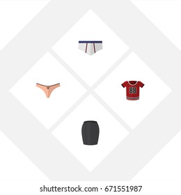 Flat Icon Garment Set Of Stylish Apparel, Lingerie, T-Shirt And Other Vector Objects. Also Includes Blouse, Shirt, Briefs Elements.