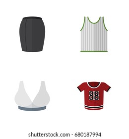 Flat Icon Garment Set Of Stylish Apparel, Brasserie, T-Shirt And Other Vector Objects. Also Includes Breast, Blouse, Skirt Elements.