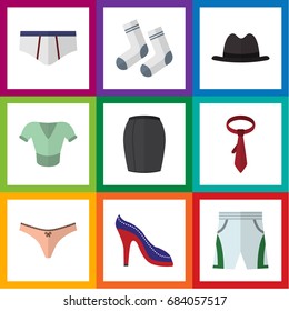 Flat Icon Garment Set Of Stylish Apparel, Foot Textile, Underclothes And Other Vector Objects. Also Includes Textile, Lingerie, Necktie Elements.