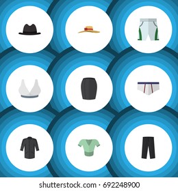 Flat Icon Garment Set Of Stylish Apparel, Panama, Elegant Headgear And Other Vector Objects. Also Includes Sport, Breast, Cloth Elements.