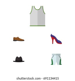 Flat Icon Garment Set Of Trunks Cloth, Male Footware, Singlet And Other Vector Objects. Also Includes Heeled, Cloth, Shoes Elements.