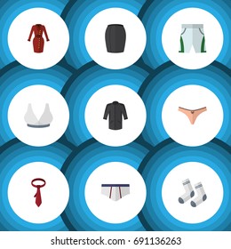 Flat Icon Garment Set Of Trunks Cloth, Stylish Apparel, Uniform And Other Vector Objects. Also Includes Panties, Underclothes, Apparel Elements.