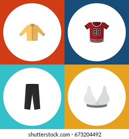 Flat Icon Garment Set Of T-Shirt, Banyan, Pants And Other Vector Objects. Also Includes Trousers, Bra, Uniform Elements.
