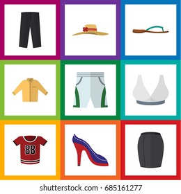 Flat Icon Garment Set Of T-Shirt, Pants, Banyan And Other Vector Objects. Also Includes Leggings, Sport, Shoes Elements.