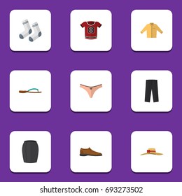 Flat Icon Garment Set Of T-Shirt, Male Footware, Elegant Headgear And Other Vector Objects. Also Includes Trousers, Man, Footware Elements.