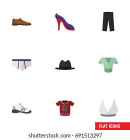 Flat Icon Garment Set Of Underclothes, Male Footware, Heeled Shoe And Other Vector Objects. Also Includes Shoes, Trousers, Hat Elements.