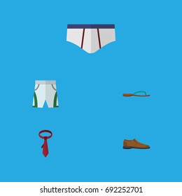 Flat Icon Garment Set Of Underclothes, Male Footware, Cravat And Other Vector Objects. Also Includes Necktie, Cravat, Man Elements.