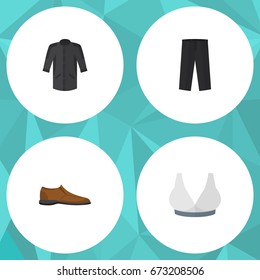 Flat Icon Garment Set Of Uniform, Pants, Male Footware And Other Vector Objects. Also Includes Footware, Kimono, Shoe Elements.