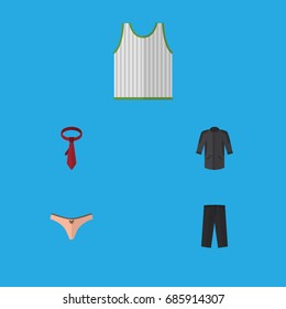 Flat Icon Garment Set Of Uniform, Lingerie, Cravat And Other Vector Objects. Also Includes Singlet, Clothes, Pants Elements.