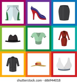 Flat Icon Garment Set Of Uniform, Brasserie, Casual And Other Vector Objects. Also Includes Hat, Trunks, Skirt Elements.