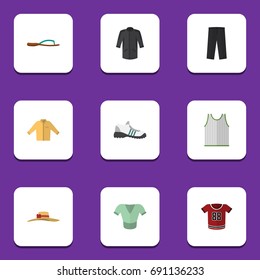 Flat Icon Garment Set Of Uniform, Singlet, Casual And Other Vector Objects. Also Includes Sneakers, Man, Blouse Elements.