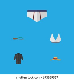 Flat Icon Garment Set Of Uniform, Brasserie, Elegant Headgear And Other Vector Objects. Also Includes Underwear, Uniform, Sport Elements.