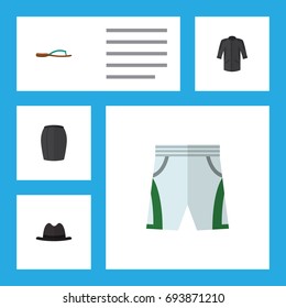 Flat Icon Garment Set Of Uniform, Trunks Cloth, Panama And Other Vector Objects. Also Includes Hat, Uniform, Shorts Elements.