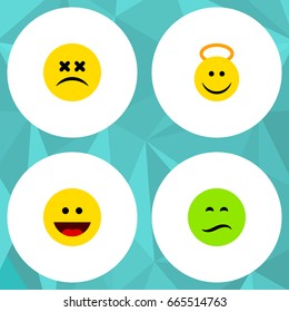 Flat Icon Gesture Set Of Angel, Frown, Cross-Eyed Face And Other Vector Objects. Also Includes Sad, Angel, Face Elements.