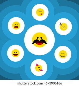 Flat Icon Gesture Set Of Asleep, Delicious Food, Cheerful And Other Vector Objects. Also Includes Asleep, Smile, Party Elements.